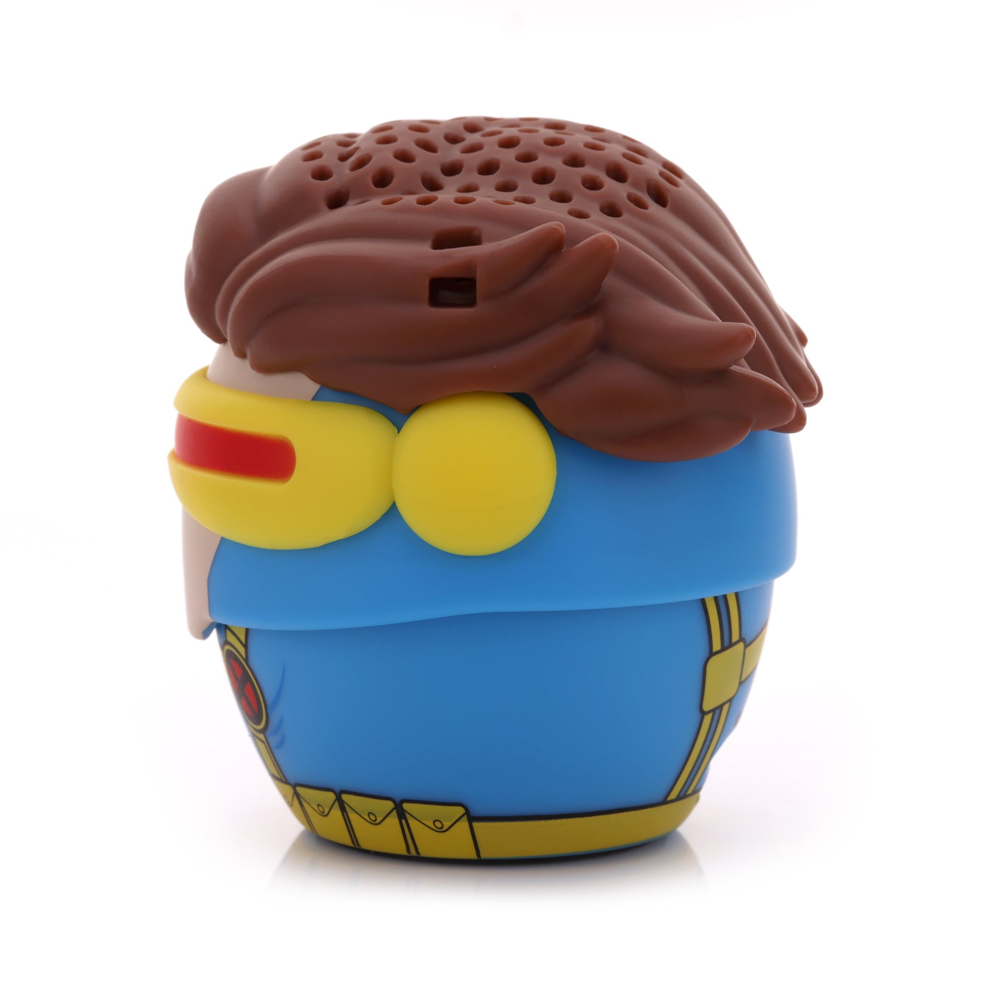 Side profile view of the Cyclops Bluetooth speaker showing the side of his yellow visor strap and blue suit.