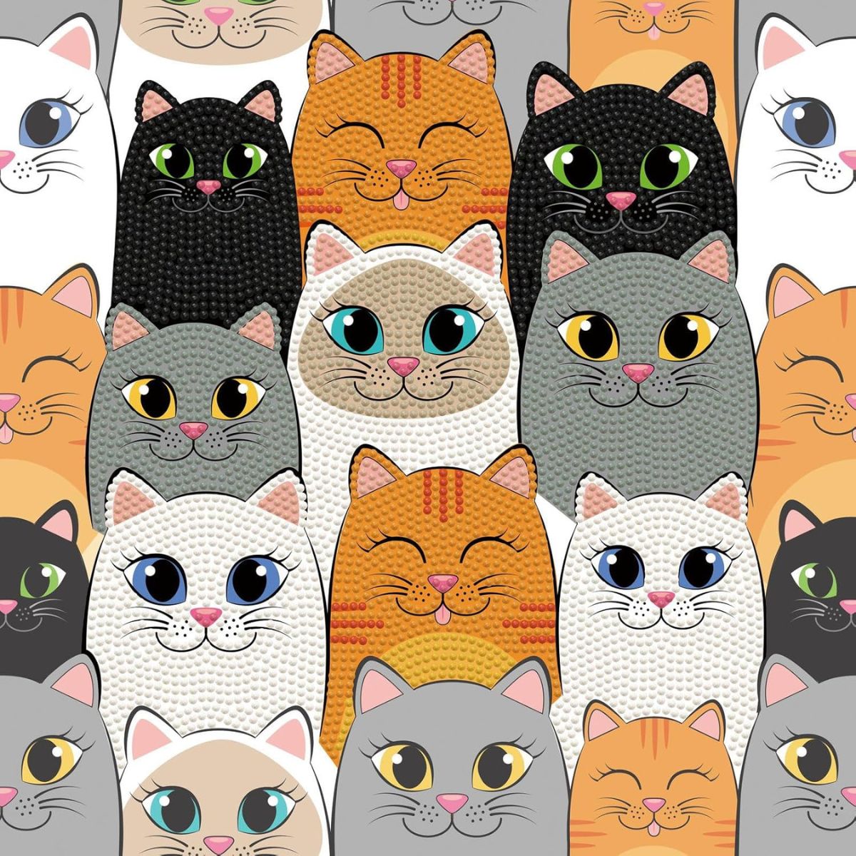 Finished DIAMOND DOTZ Box Cat Clan diamond painting featuring a dense collage of colorful cartoon cats.