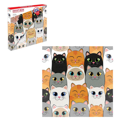 Retail packaging and completed artwork for the DIAMOND DOTZ Box Cat Clan 11 by 11 inch framed diamond painting.