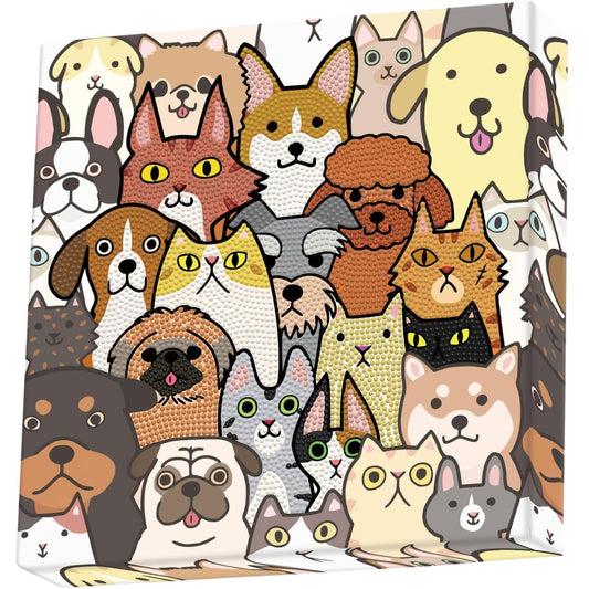Finished DIAMOND DOTZ Box Dogs Dotz diamond painting featuring a dense collage of cartoon dogs and pets.