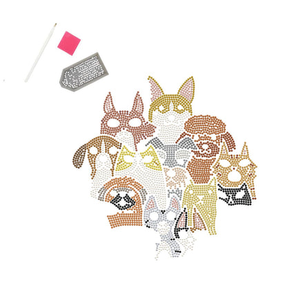 Graphic pattern of the Dogs Dotz diamond painting design alongside the included crafting tools: a stylus, pink wax, and a craft tray.