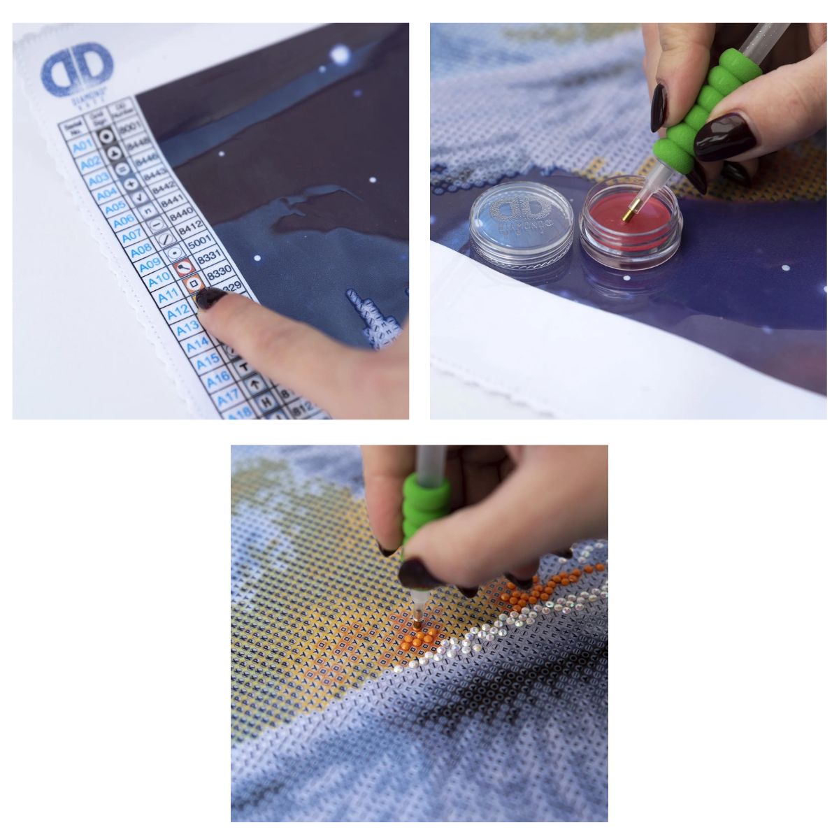 Close-up lifestyle photos showing a crafter using a stylus and wax to place sparkling DIAMOND DOTZ gems onto a canvas.