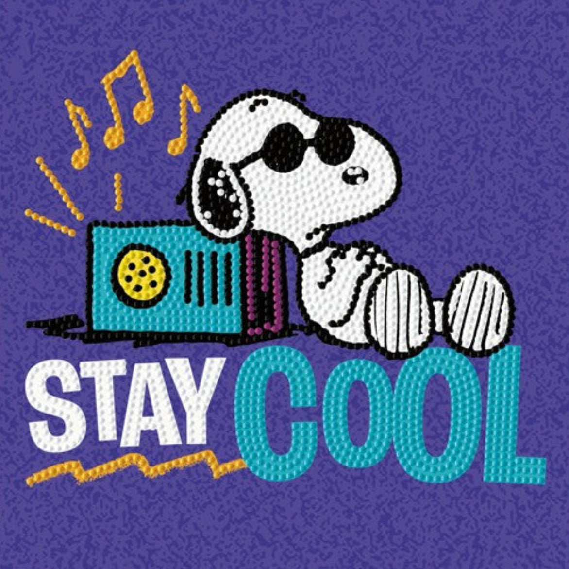 Finished Diamond Dotz Box Peanuts diamond painting featuring Snoopy in sunglasses, a retro radio, music notes, and the text "Stay Cool" on a purple background.