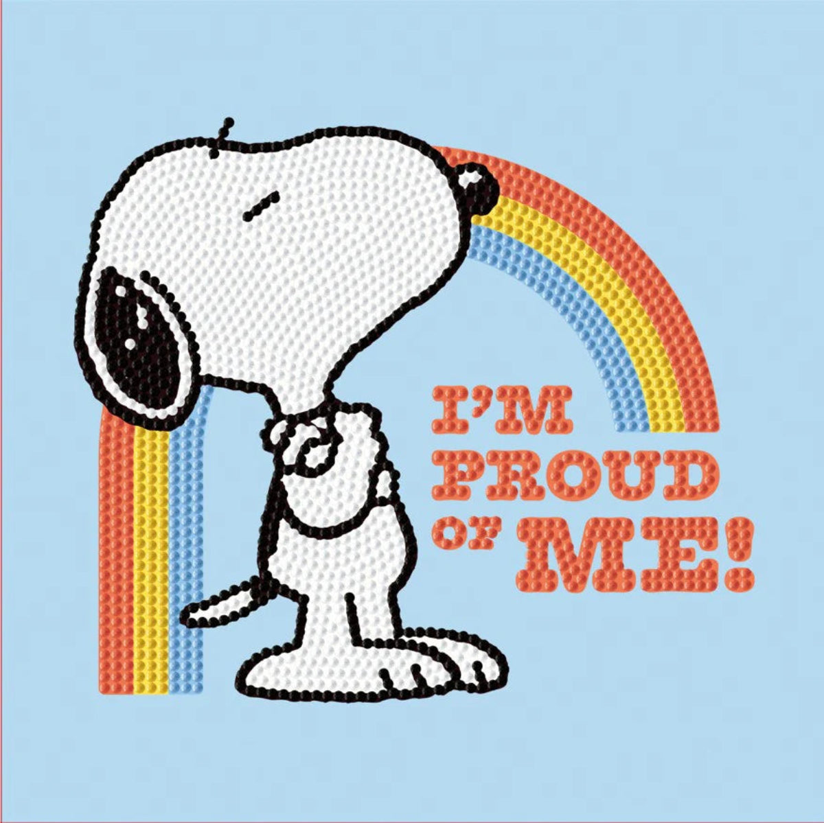 Finished Diamond Dotz Box Peanuts diamond painting featuring Snoopy, a rainbow, and the text "I'm Proud of Me!" on a light blue background.