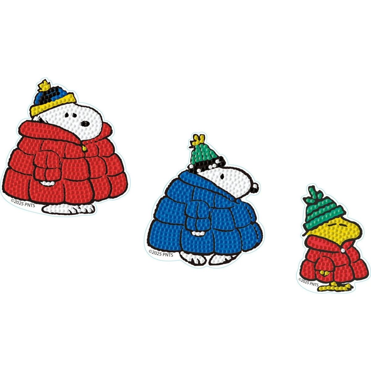 Finished Diamond Dotz Peanuts 3-piece sticker set featuring Snoopy and Woodstock wearing cozy winter puffer jackets and beanies.