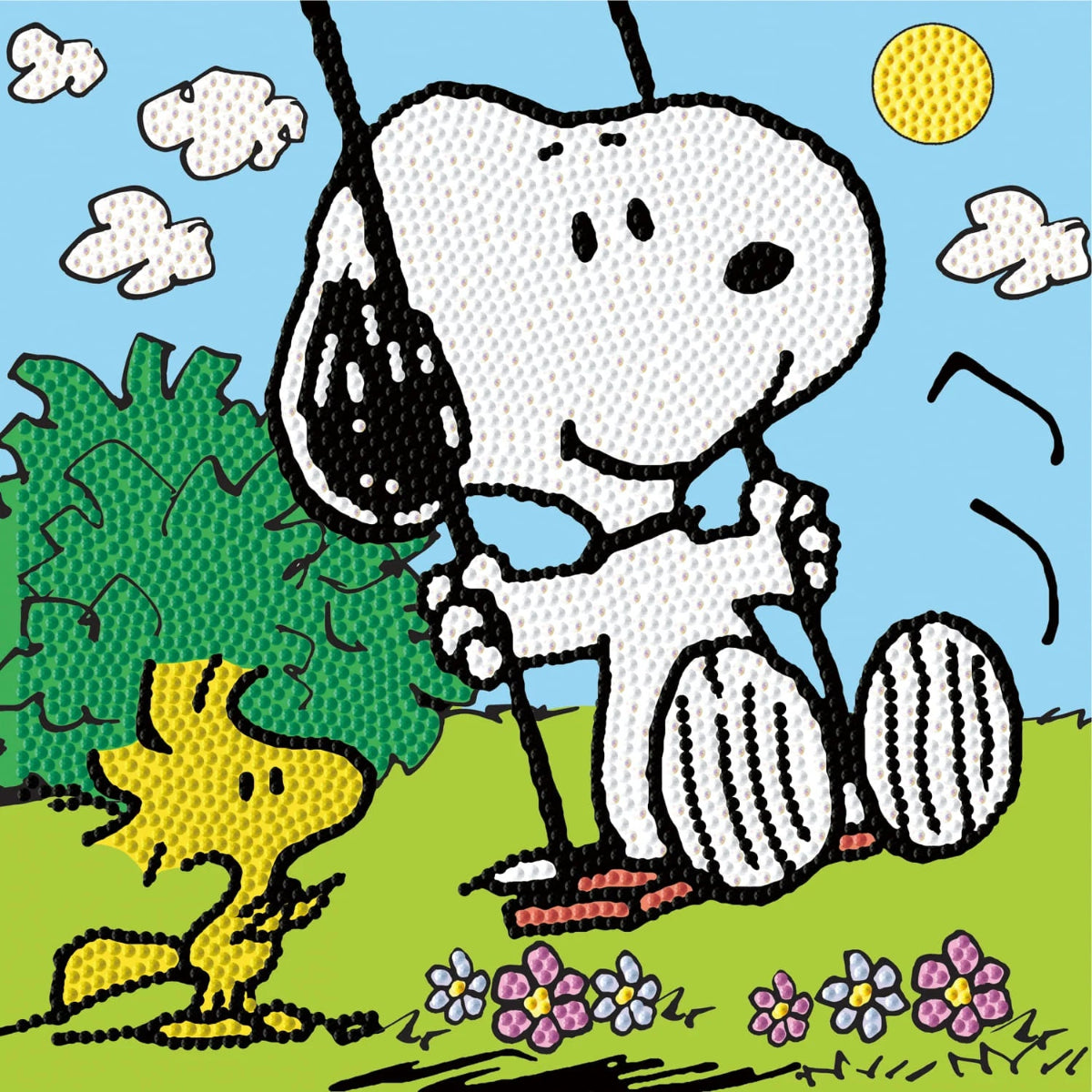 Finished DIAMOND DOTZ Peanuts diamond painting featuring Snoopy playing on a swing while Woodstock watches in a sunny park.