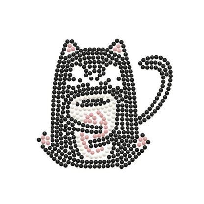 Graphic pattern of the black cat and coffee cup diamond painting design highlighting the dot placement.