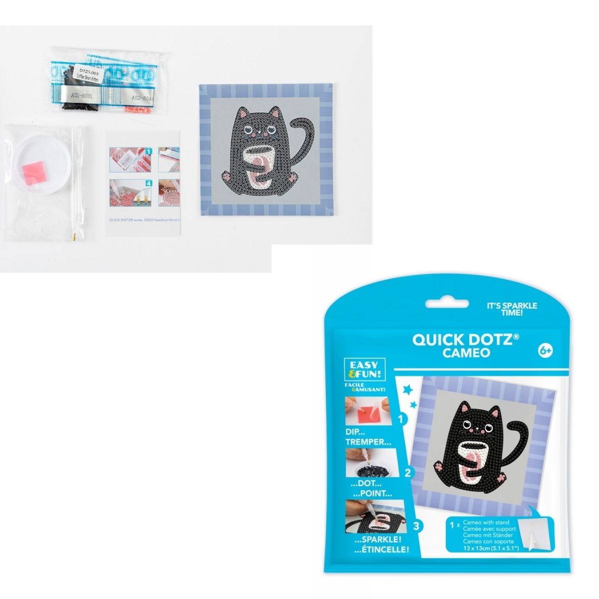 Contents of the DIAMOND DOTZ Quick DOTZ Coffee Bean Kitten kit, including the canvas board, blue retail packaging, colorful diamond drills, and crafting tools.