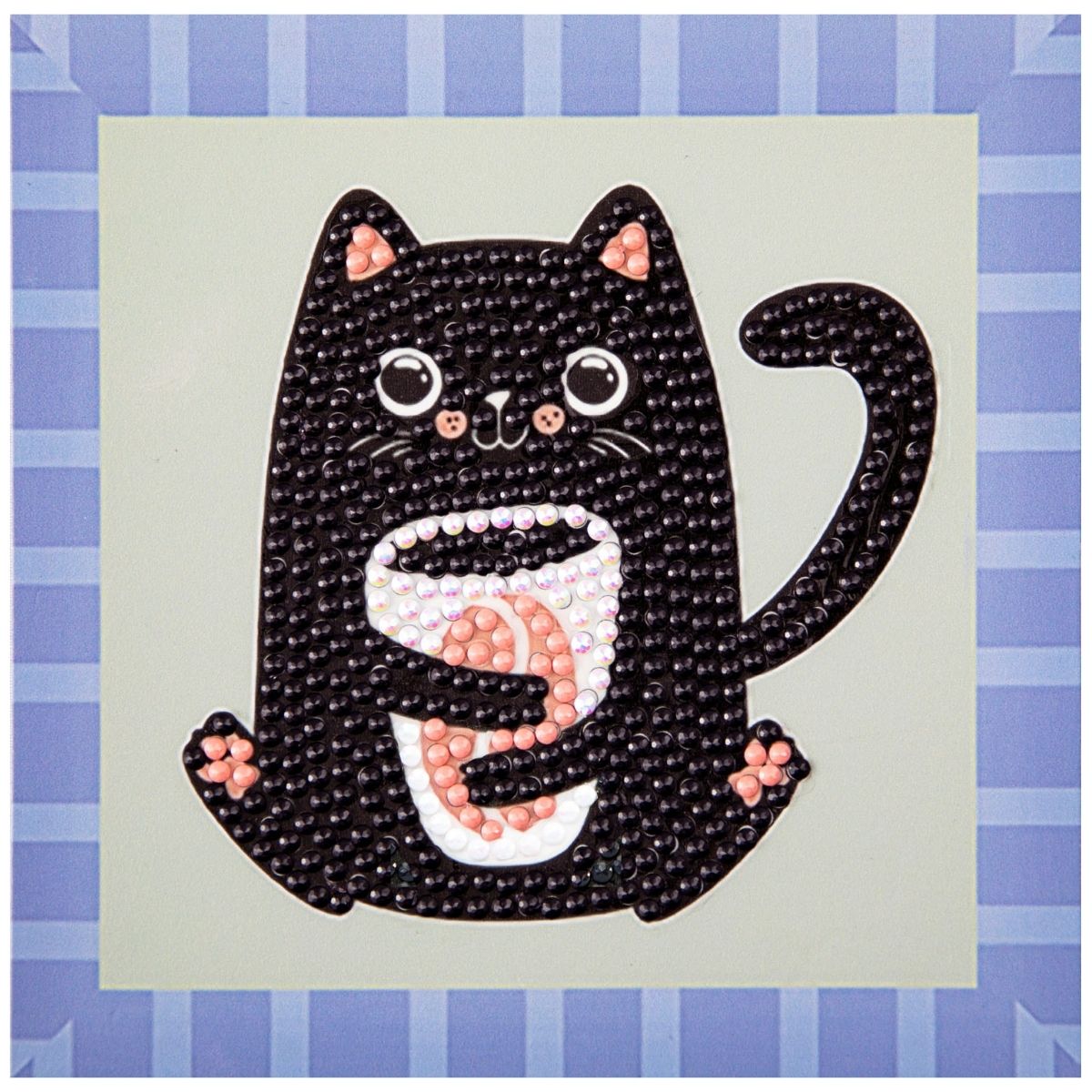 Finished DIAMOND DOTZ Coffee Bean Kitten diamond painting featuring a black cat holding a coffee mug with a blue and white striped border.