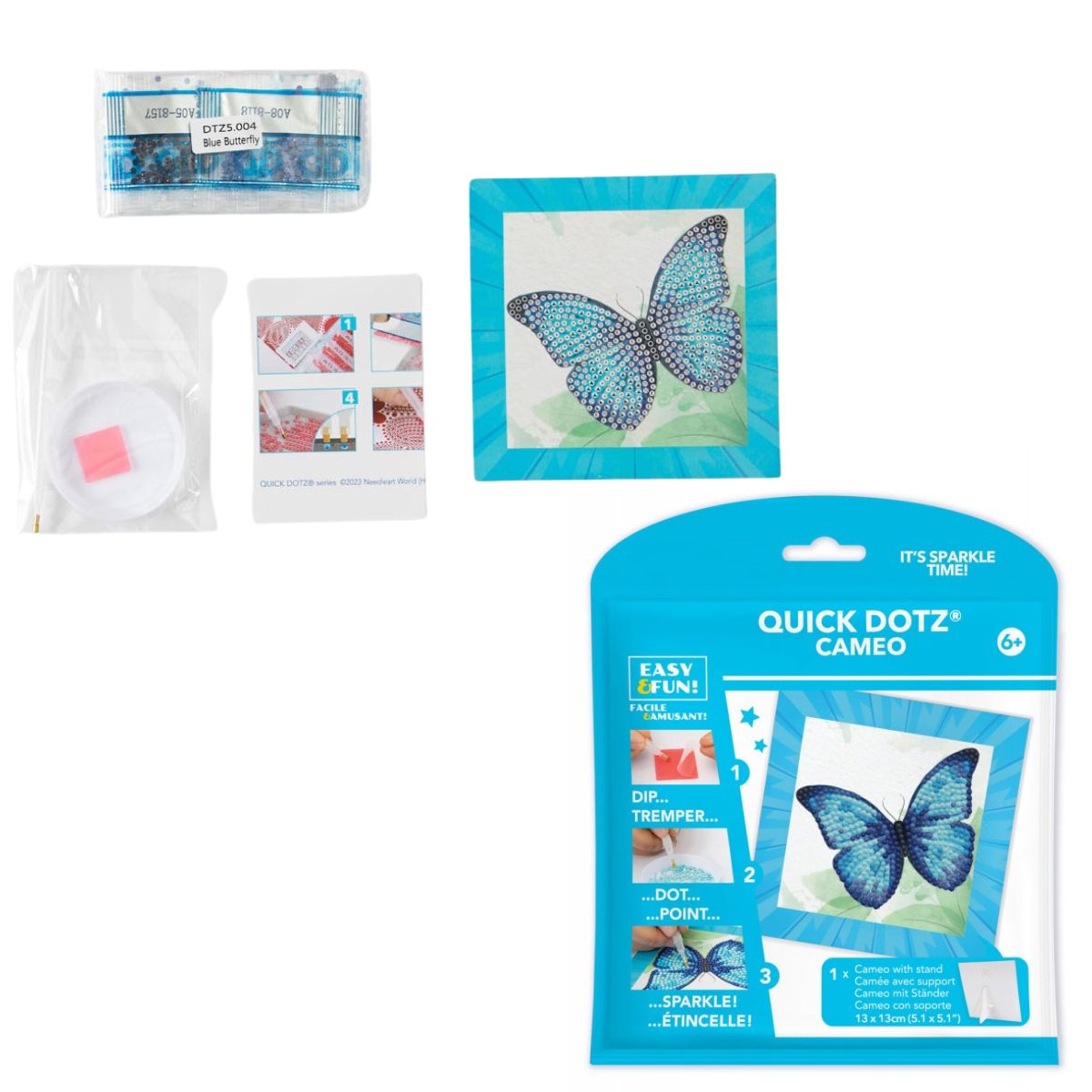 Front retail packaging for the DIAMOND DOTZ Quick DOTZ Cameo Blue Butterfly 5.1 by 5.1 inch diamond art kit.