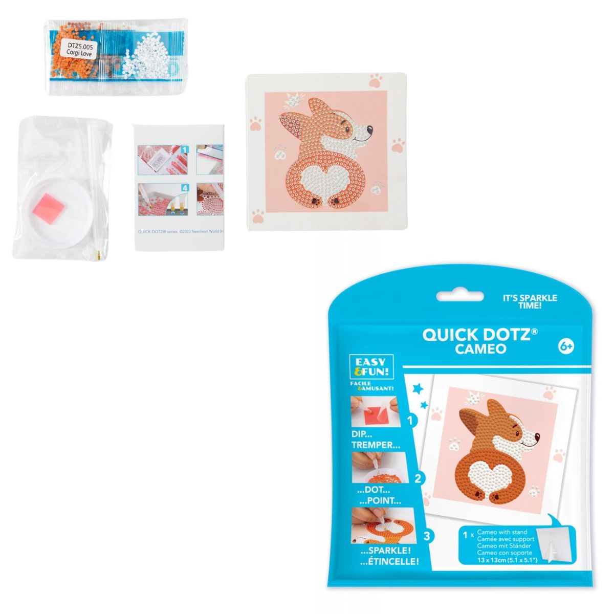 Contents of the DIAMOND DOTZ Quick DOTZ Corgi Love kit, including the canvas board, blue retail packaging, colorful diamond drills, and crafting tools.