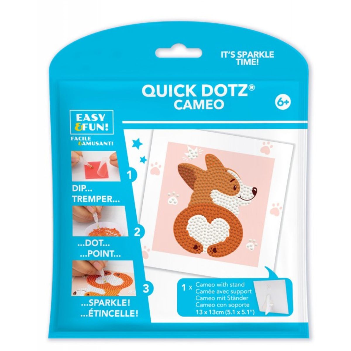 Front retail packaging for the DIAMOND DOTZ Quick DOTZ Cameo Corgi Love 5.1 by 5.1 inch diamond art kit.