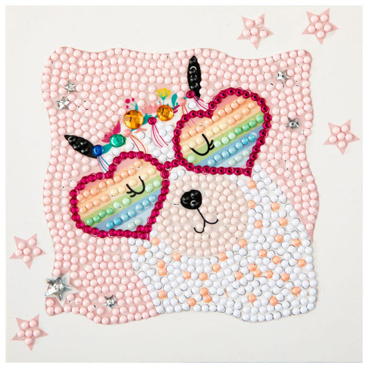 Finished DIAMOND DOTZ Rainbow Llama diamond painting featuring a white llama wearing heart-shaped rainbow sunglasses with pink stars.