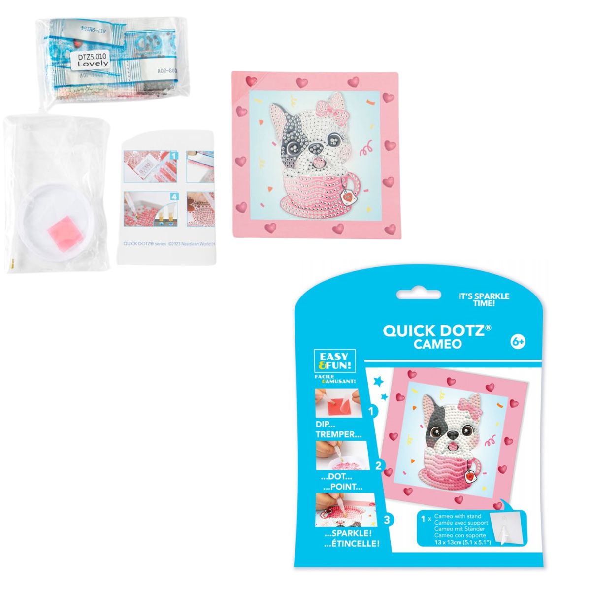 Contents of the DIAMOND DOTZ Quick DOTZ Lovely Frenchie kit, including the canvas board, blue retail packaging, colorful diamond drills, and crafting tools.