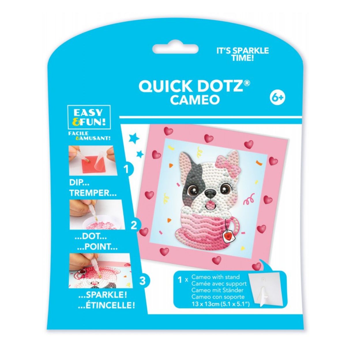 Front retail packaging for the DIAMOND DOTZ Quick DOTZ Cameo Lovely Frenchie 5.1 by 5.1 inch diamond art kit.