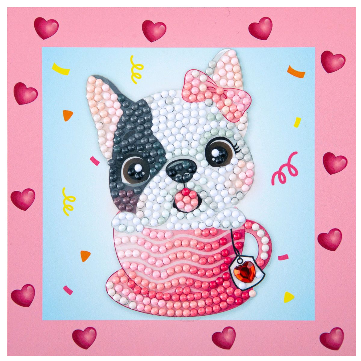 Finished DIAMOND DOTZ Lovely Frenchie diamond painting featuring a French Bulldog in a pink teacup with a pink heart border.