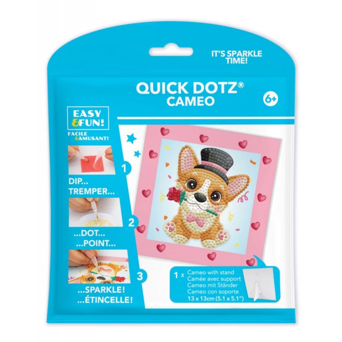Front retail packaging for the DIAMOND DOTZ Quick DOTZ Cameo Corgi Top Hat 5.1 by 5.1 inch diamond art kit.