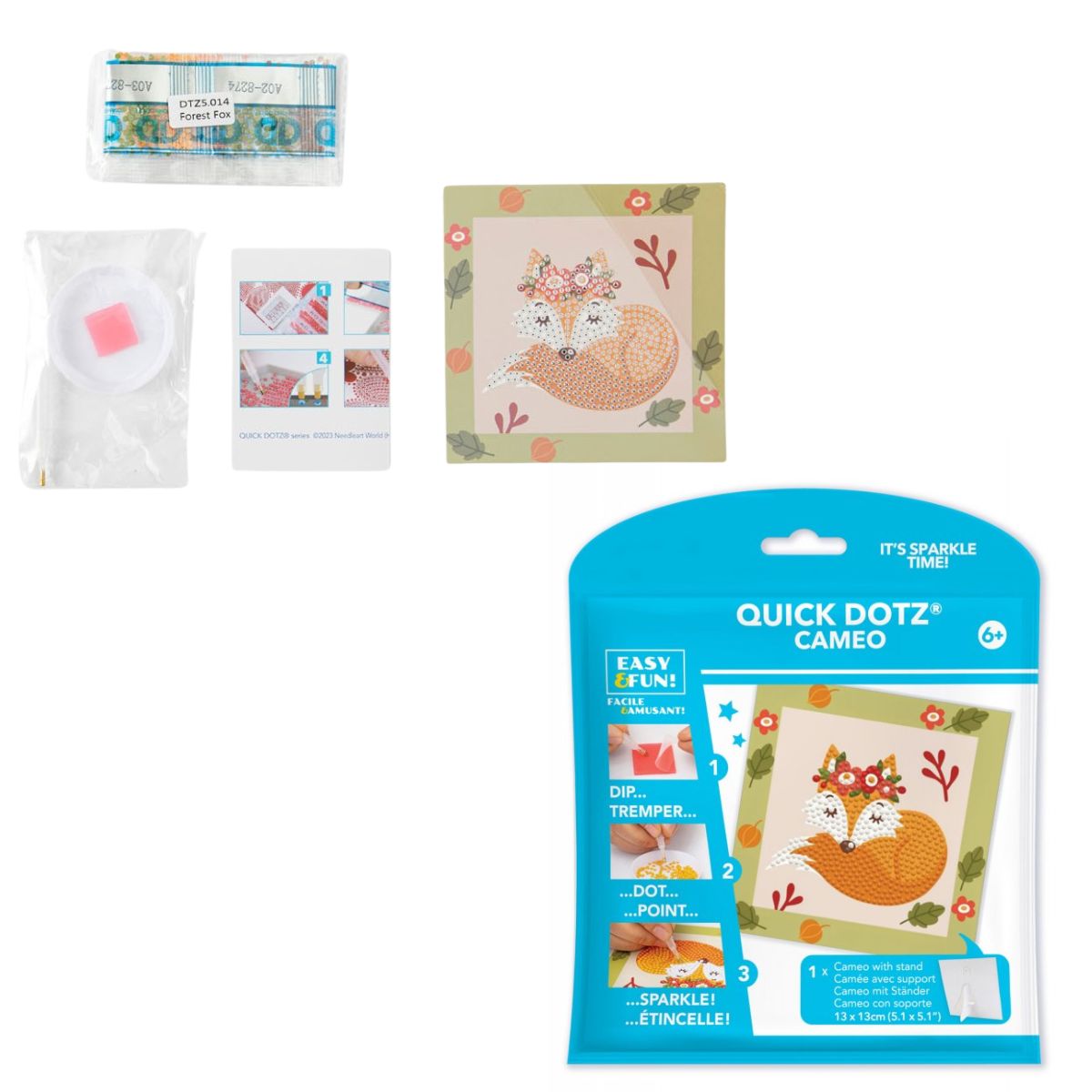 Contents of the DIAMOND DOTZ Quick DOTZ Forest Fox kit, including the canvas board, blue retail packaging, colorful diamond drills, and crafting tools.