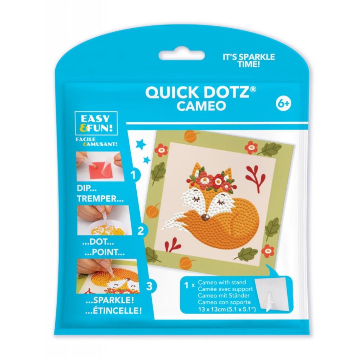 Front retail packaging for the DIAMOND DOTZ Quick DOTZ Cameo Forest Fox 5.1 by 5.1 inch diamond art kit.