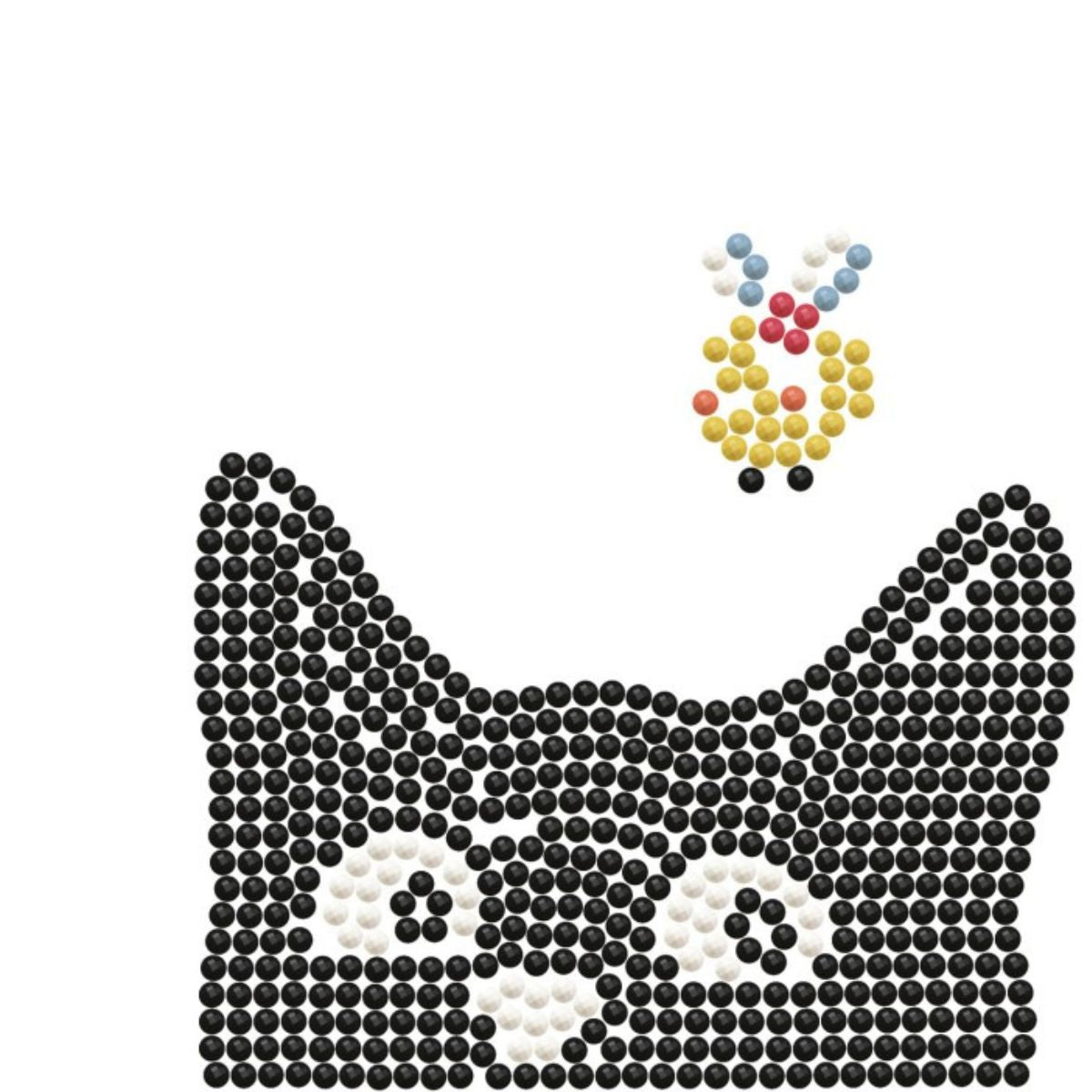 Graphic pattern of the Mischievous Black Cat diamond painting design highlighting the dot placement for the cat and bee.