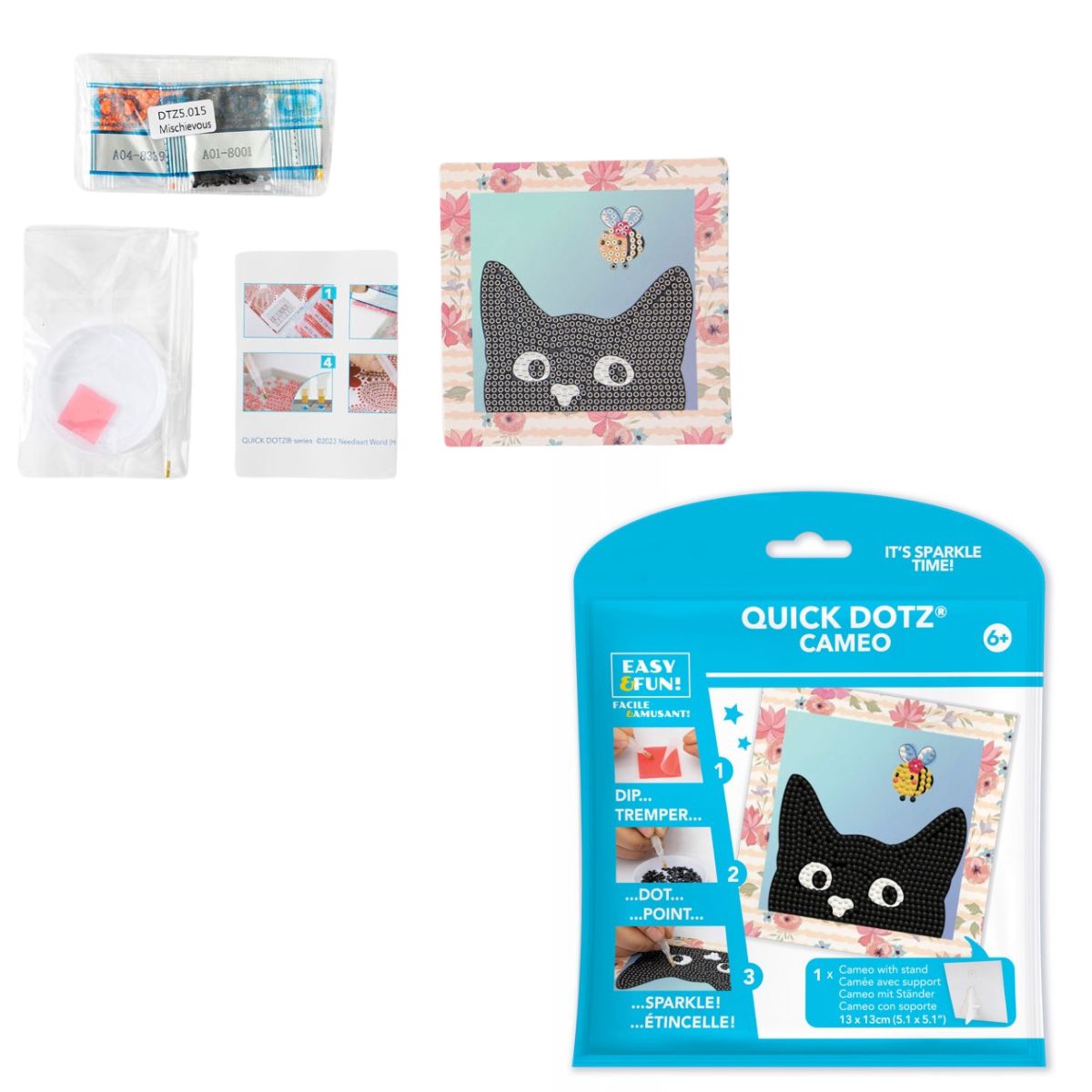 Contents of the DIAMOND DOTZ Quick DOTZ Mischievous Black Cat kit, including the canvas board, blue retail packaging, colorful diamond drills, and crafting tools.