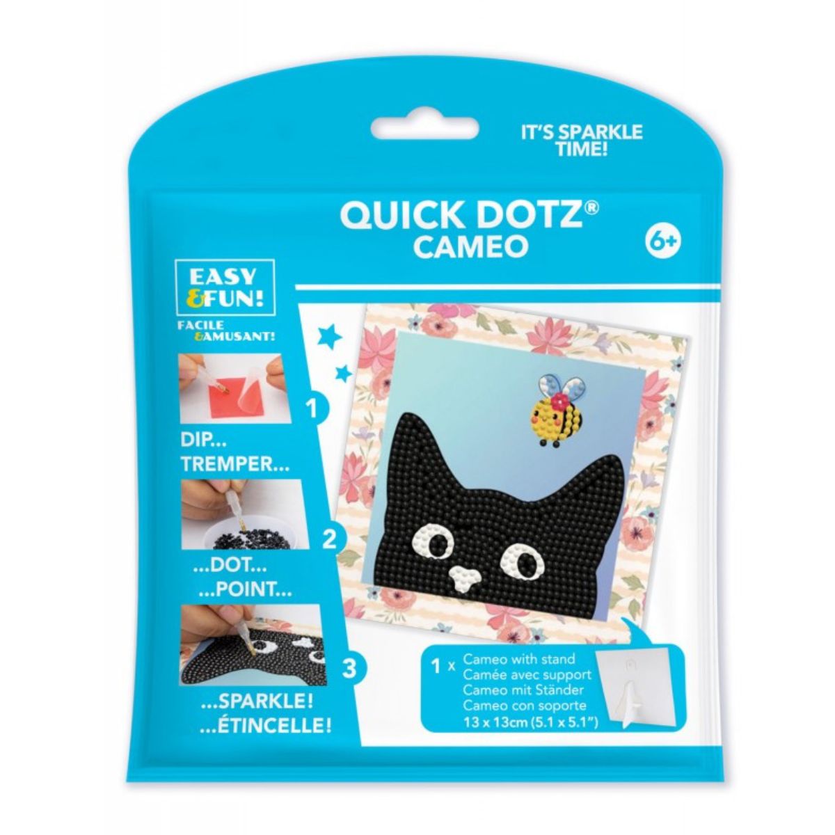 Front retail packaging for the DIAMOND DOTZ Quick DOTZ Cameo Mischievous Black Cat 5.1 by 5.1 inch diamond art kit.