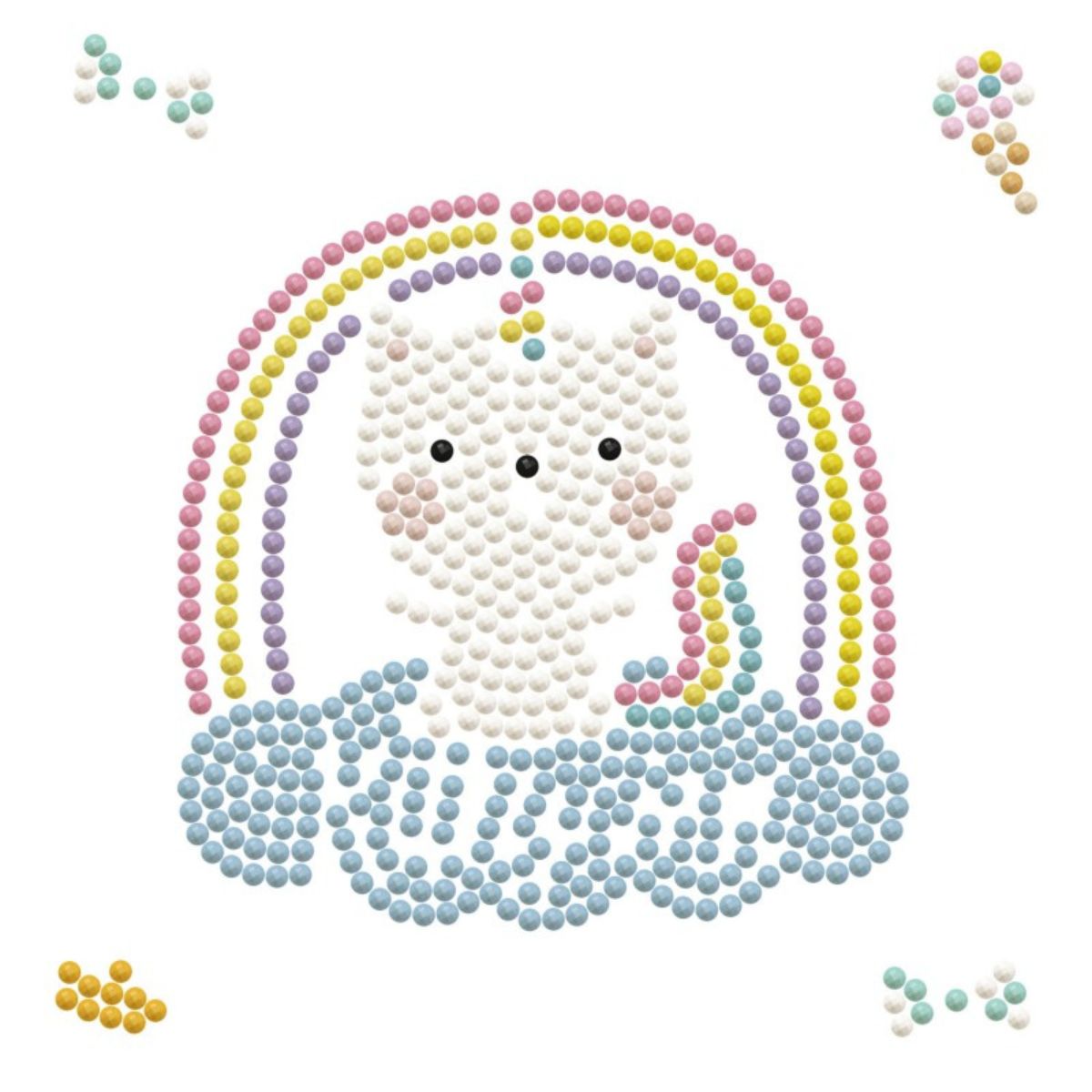 Graphic pattern of the Kittycorn diamond painting design highlighting the color layout for the cat, rainbow, and cloud.