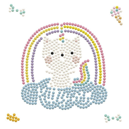 Graphic pattern of the Kittycorn diamond painting design highlighting the color layout for the cat, rainbow, and cloud.