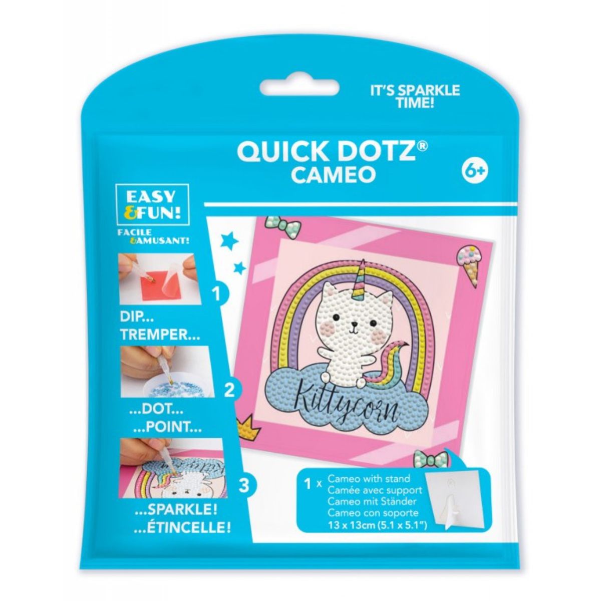Front retail packaging for the DIAMOND DOTZ Quick DOTZ Cameo Kittycorn 5.1 by 5.1 inch diamond art kit.