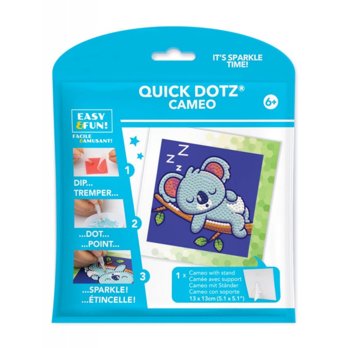 Front retail packaging for the DIAMOND DOTZ Quick DOTZ Cameo Sleepy Koala 5.1 by 5.1 inch diamond art kit.