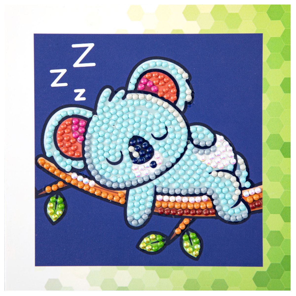 Finished DIAMOND DOTZ Sleepy Koala diamond painting featuring a sleeping koala on a branch with a green border.