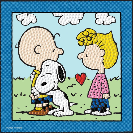 Finished Diamond Dotz Peanuts Big Hug diamond painting featuring Snoopy hugging Charlie Brown next to Sally with a red heart.