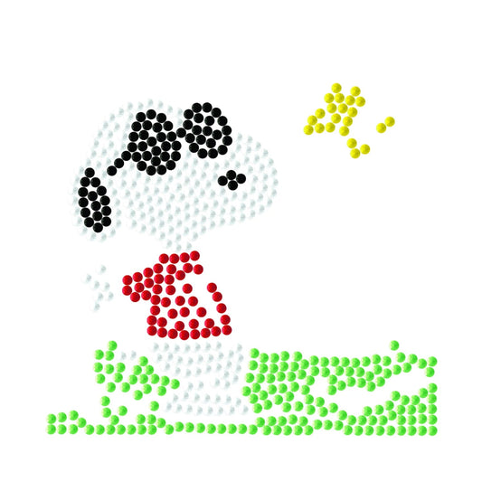 Graphic pattern of the Snoopy Joe Cool diamond painting design highlighting the red sweater and green grass on a white background.