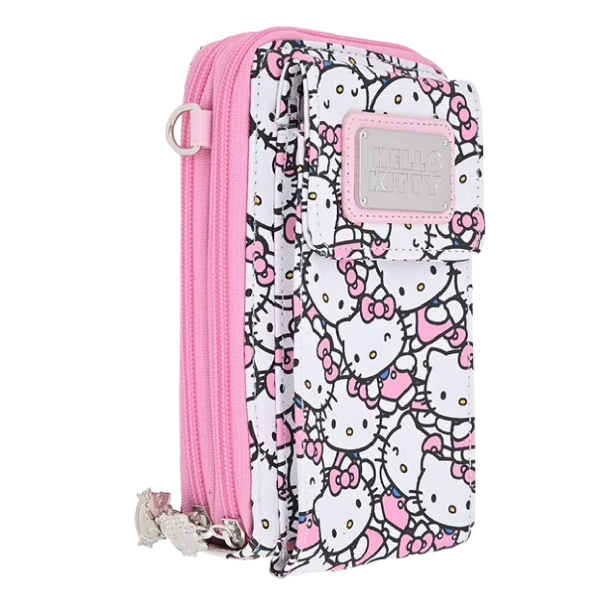 Side profile view of the Hello Kitty crossbody bag showing the slim design, two zipper compartments, and silver metal hardware.