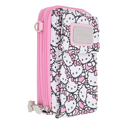 Side profile view of the Hello Kitty crossbody bag showing the slim design, two zipper compartments, and silver metal hardware.