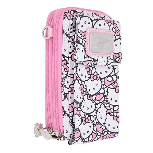 Side profile view of the Hello Kitty crossbody bag showing the slim design, two zipper compartments, and silver metal hardware.
