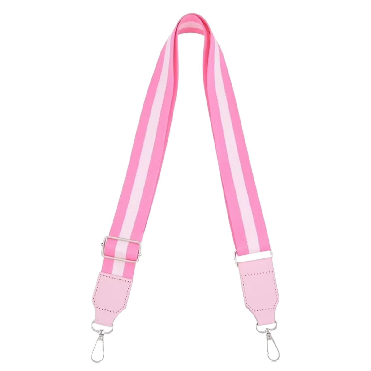 Full view of the adjustable pink and white striped wide woven crossbody strap equipped with silver metal lobster clasps.
