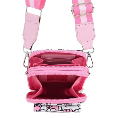 Top-down open view of the Hello Kitty double zipper wallet showcasing the spacious pink interior compartments.
