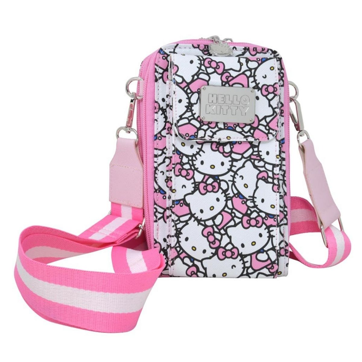Front angled view of the Hello Kitty Double Zipper Wallet Crossbody Bag featuring an all-over character print and a pink striped strap.
