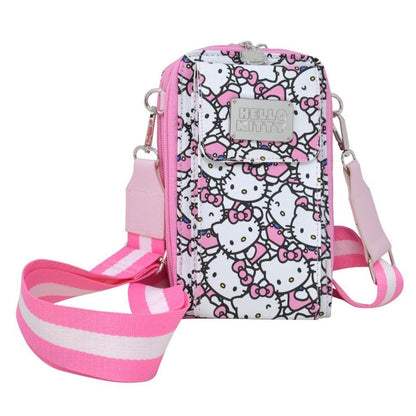 Front angled view of the Hello Kitty Double Zipper Wallet Crossbody Bag featuring an all-over character print and a pink striped strap.
