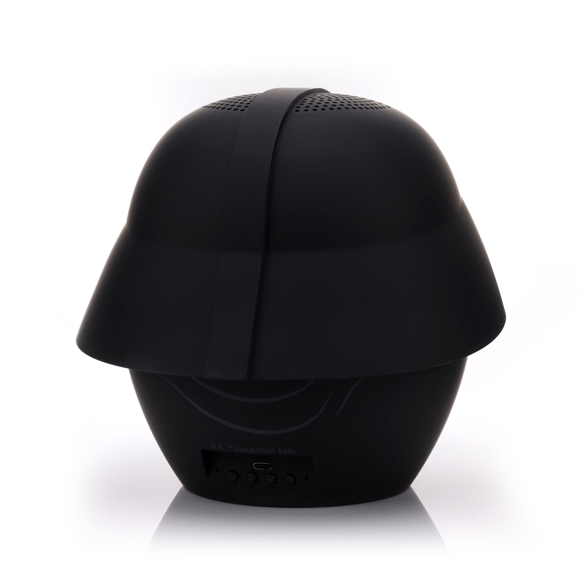 Back view of the 8-inch Darth Vader speaker showing the smooth black dome of his helmet and lower charging port.