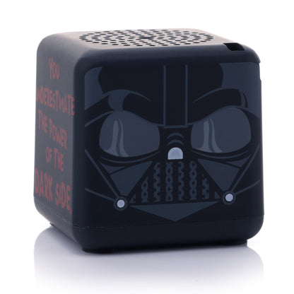 Front view of the black cube-shaped Bitty Boomers Star Wars Darth Vader Bitty Box mini Bluetooth speaker featuring his iconic helmet design.