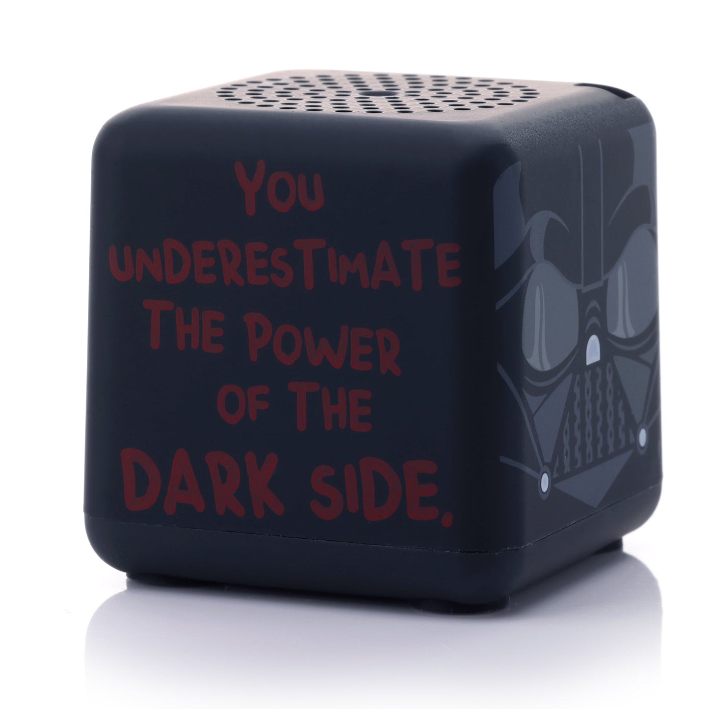 Angled left view of the square Darth Vader mini speaker showing the phrase 'YOU UNDERESTIMATE THE POWER OF THE DARK SIDE' written in red font.