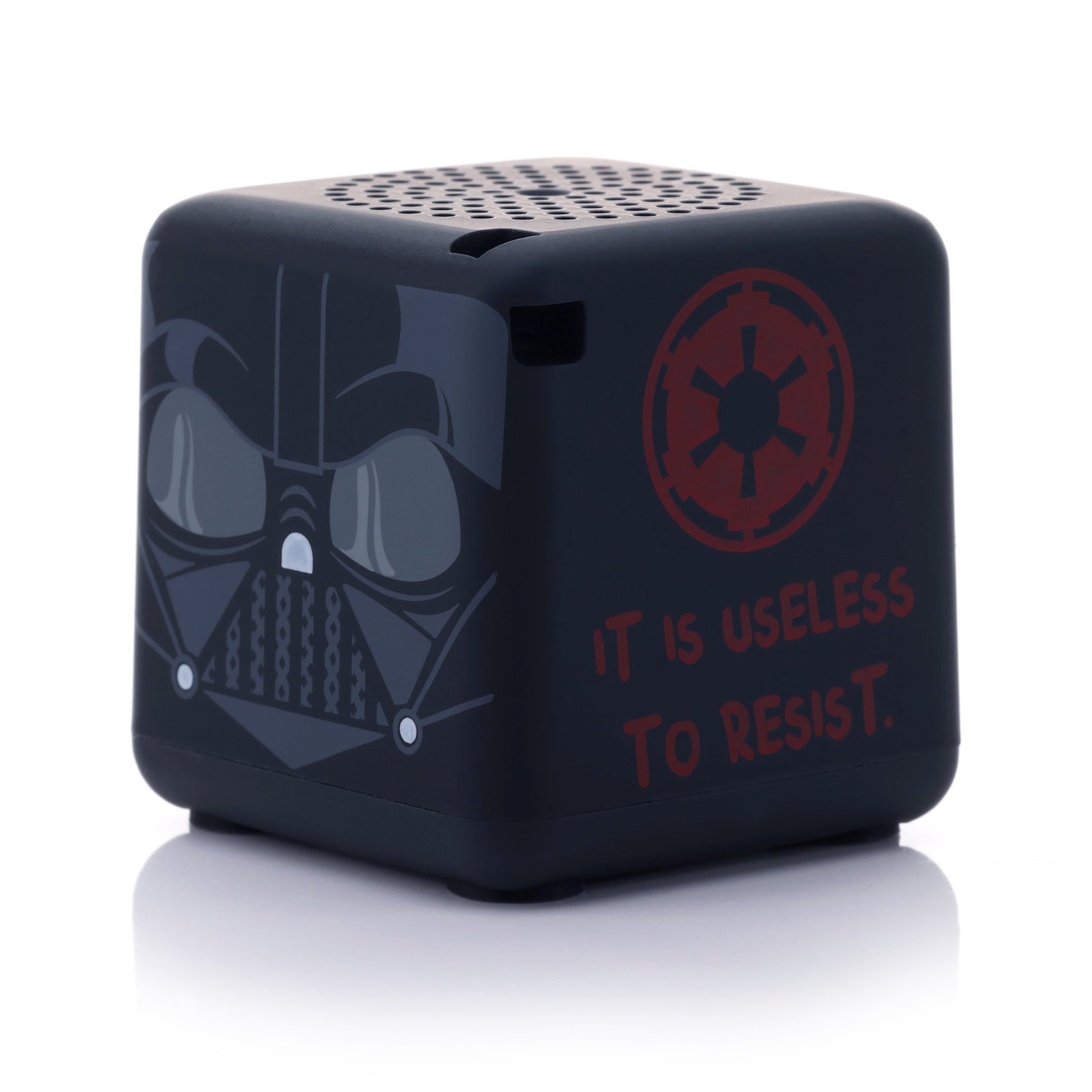 Angled back-right view of the black Darth Vader Bluetooth speaker showing the Galactic Empire logo and the phrase 'IT IS USELESS TO RESIST' in red font.