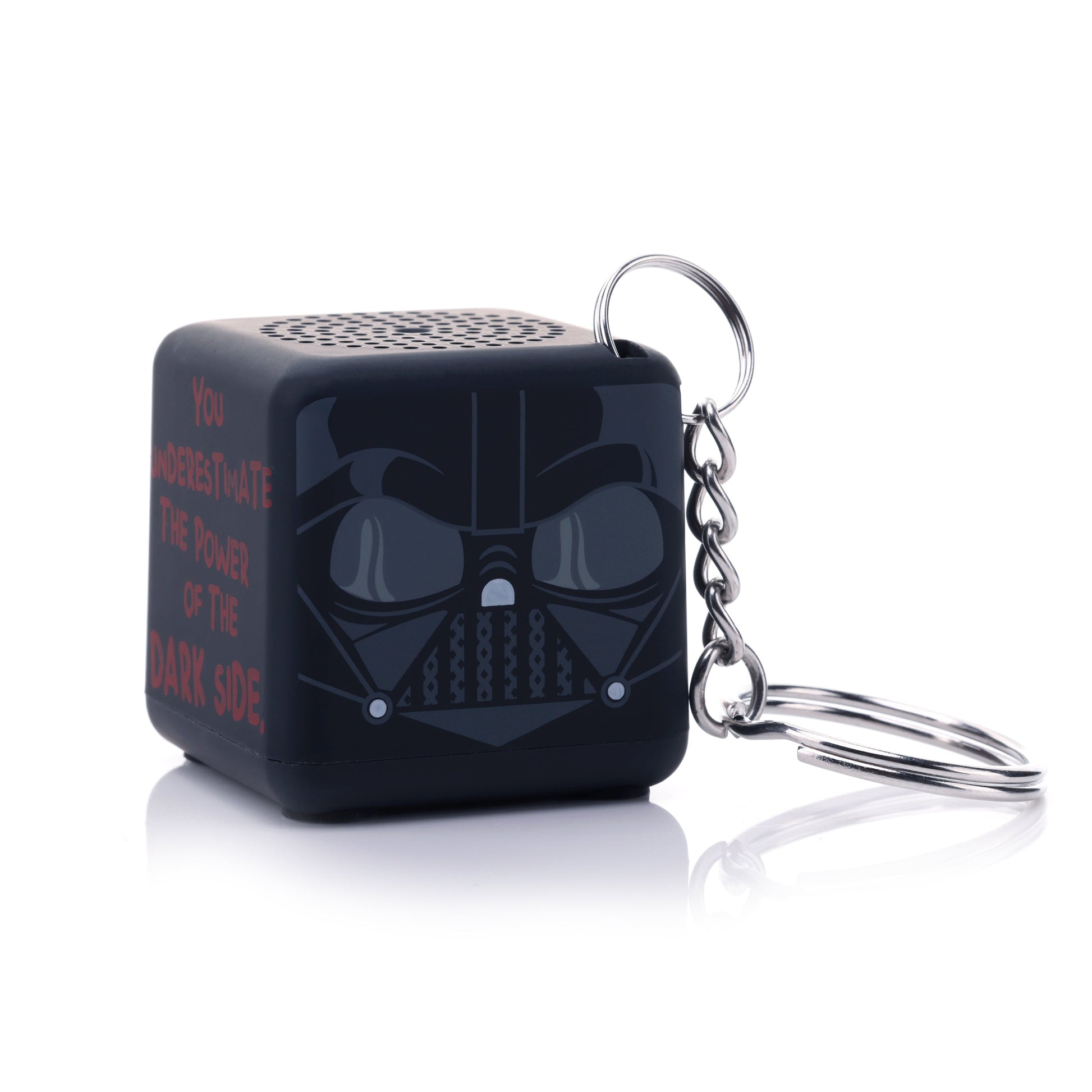Angled front-right view of the cube-shaped Darth Vader mini speaker highlighting the attached silver metal keychain ring.