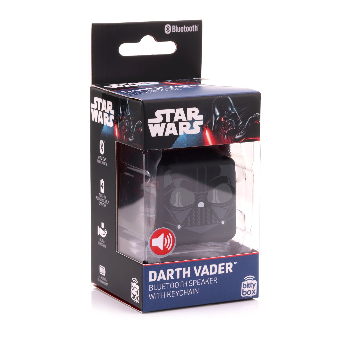 Front view of the Darth Vader Bitty Box mini Bluetooth speaker inside its official black Star Wars display packaging.