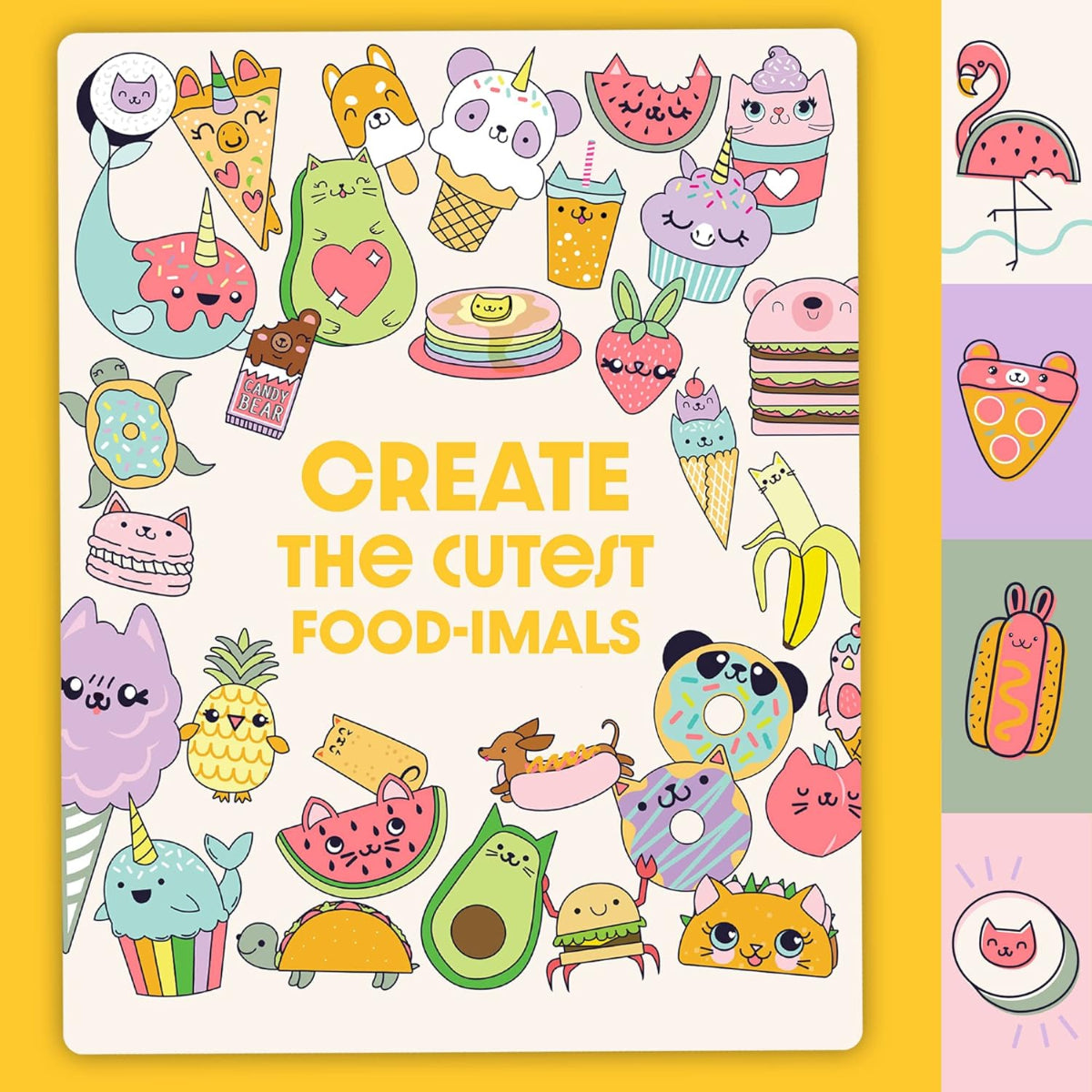 Colorful book cover with cartoon food characters and text 'Create the cutest food-imals' on a yellow background.