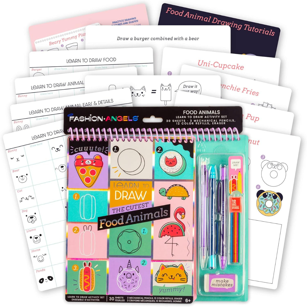 Set of drawing books and pencils with 'Fashion Angels' branding on a white background