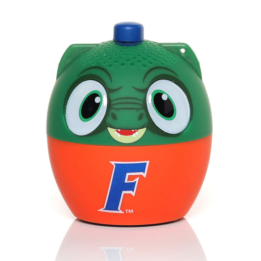 Front view of the Bitty Boomers NCAA Florida Gators mini Bluetooth speaker featuring a green gator face and an orange base with the official blue "F" logo.