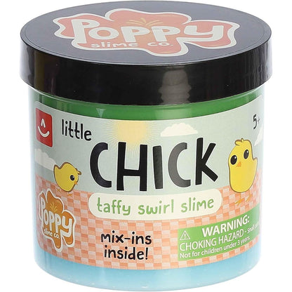 Front view of the sealed Poppy Slime Co. Little Chick Taffy Swirl Slime jar showing the bright blue and green slime inside and the black twist-off lid.